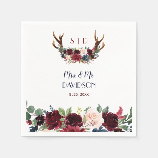 Boho Merlot Navy Blue Floral Antlers Weddenschap Servet (Voorkant)