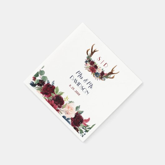 Boho Merlot Navy Blue Floral Antlers Weddenschap Servet (Hoek)