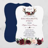 Boho Merlot Navy Floral Antlers Bachelorette Party Kaart (Voorkant / Achterkant)