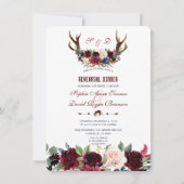 Boho Merlot Navy Floral Antlers Rehearsal Dinner Kaart (Voorkant)