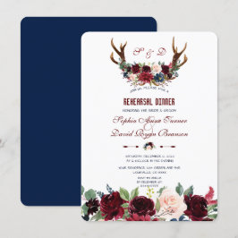 Boho Merlot Navy Floral Antlers Rehearsal Dinner Kaart