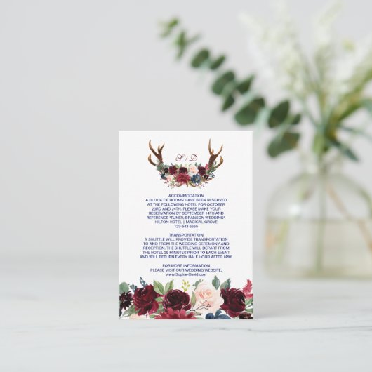 Boho Merlot Navy Floral Antlers Weddenschap Informatiekaartje (Staand voorkant)