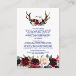Boho Merlot Navy Floral Antlers Weddenschap Informatiekaartje