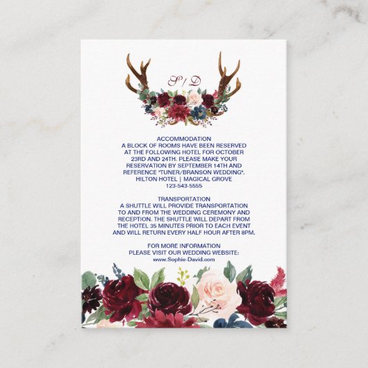Boho Merlot Navy Floral Antlers Weddenschap Informatiekaartje (Voorkant)
