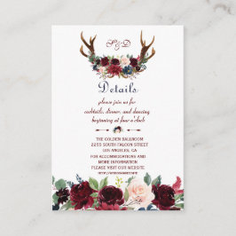 Boho Merlot Navy Floral Antlers Weddenschap Informatiekaartje