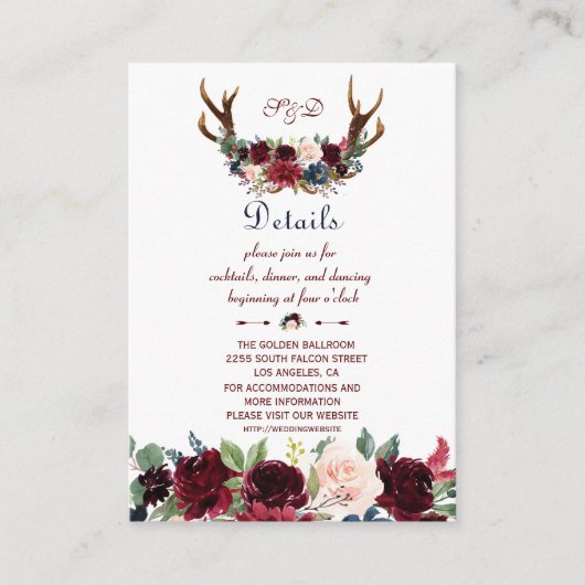 Boho Merlot Navy Floral Antlers Weddenschap Informatiekaartje (Voorkant)