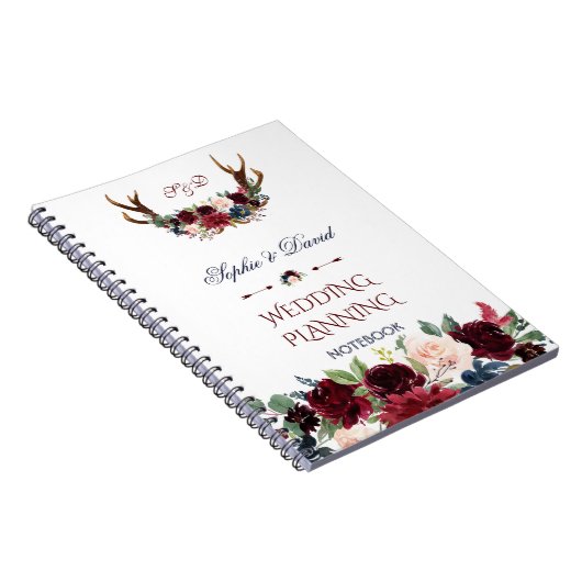 Boho Merlot Navy Floral Antlers Wedding Planner Notitieboek (Rechterzijde)