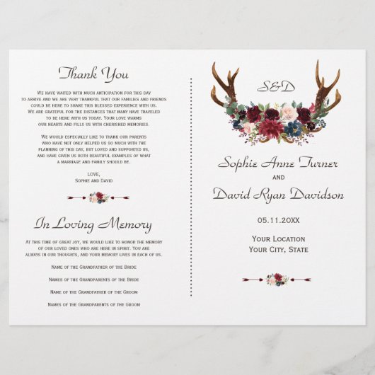 Boho Merlot Navy Floral Antlers Wedding Programme (Voorkant)