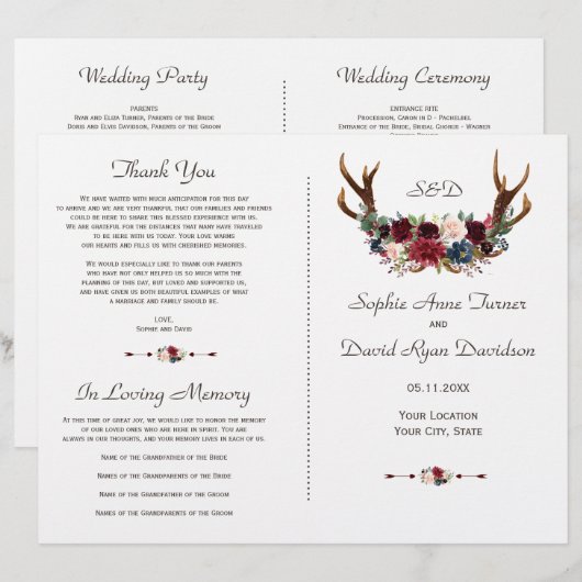 Boho Merlot Navy Floral Antlers Wedding Programme (Voorkant / Achterkant)