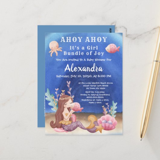 Boho Mermaid, Tropische vis Roze Baby shower Briefkaart (Voorkant / Achterkant in situ)