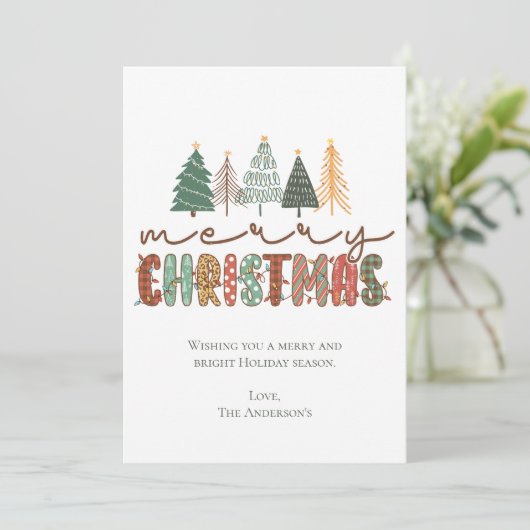 Boho Merry kerstbomen lights Trendy kerstmis Feestdagenkaart (Staand voorkant)