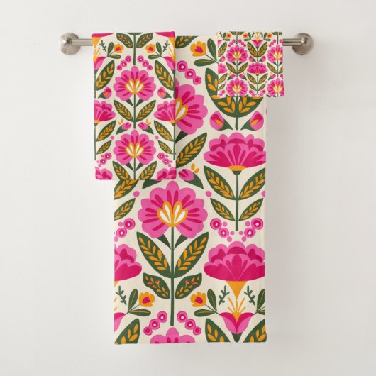 BOHO Mexicaanse Talavera Bloemen Fuchsia Roze Bloe Bad Handdoek (Insitu)