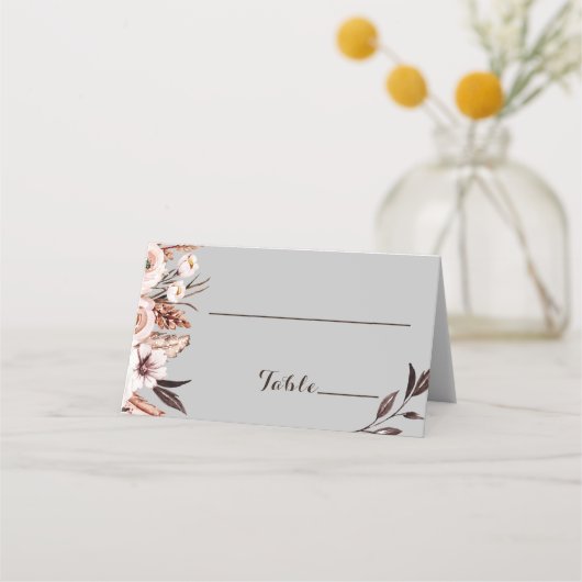 Boho Mid-Grey met Roze Bloemen Place Card Plaatskaartje (Voorkant)