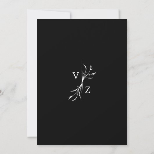Boho Minimal Black and White Leaf Monogram Wedding Kaart (Achterkant)