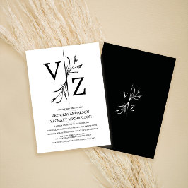 Boho Minimal Black and White Leaf Monogram Wedding Kaart