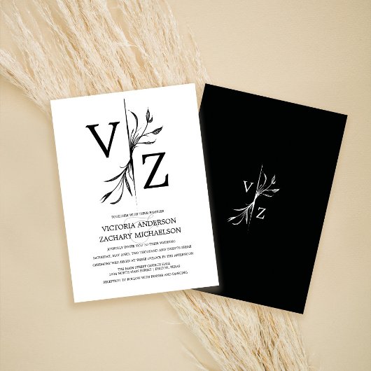 Boho Minimal Black and White Leaf Monogram Wedding Kaart