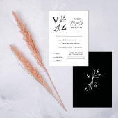 Boho Minimal Black and White Leaf Monogram Wedding RSVP Kaartje