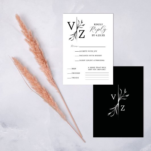 Boho Minimal Black and White Leaf Monogram Wedding RSVP Kaartje