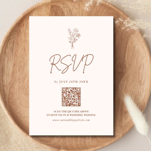 Boho Minimal Botanicals Terracotta QR Code Huwelij RSVP Kaartje
