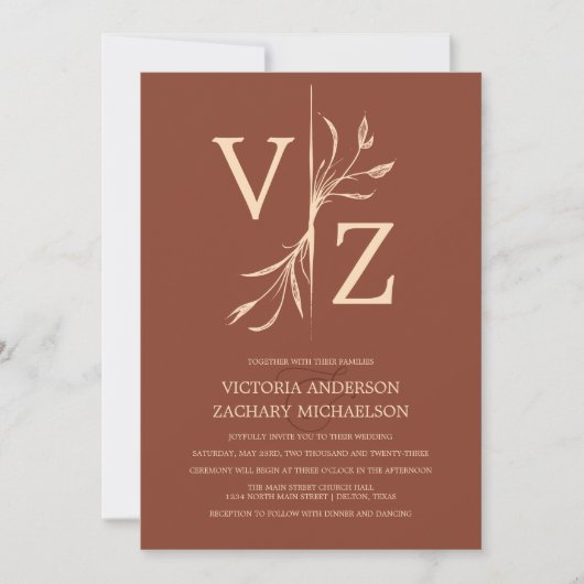 Boho Minimal Dark Terracotta Leaf Monogram Weddens Kaart (Voorkant)