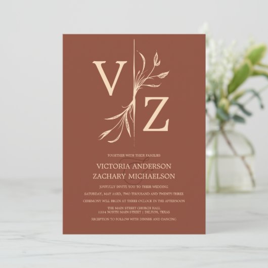 Boho Minimal Dark Terracotta Leaf Monogram Weddens Kaart (Staand voorkant)