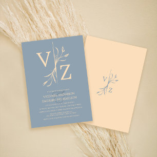 Boho Minimal Dusty Blue Leaf Monogram Weddenschap Kaart