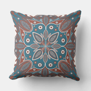 Boho Minimal Mandala Hand-Drawn Rust Blauwgroen Kussen
