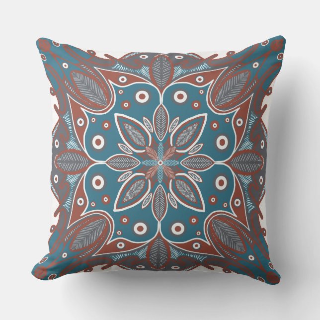 Boho Minimal Mandala Hand-Drawn Rust Blauwgroen Kussen (Voorkant)