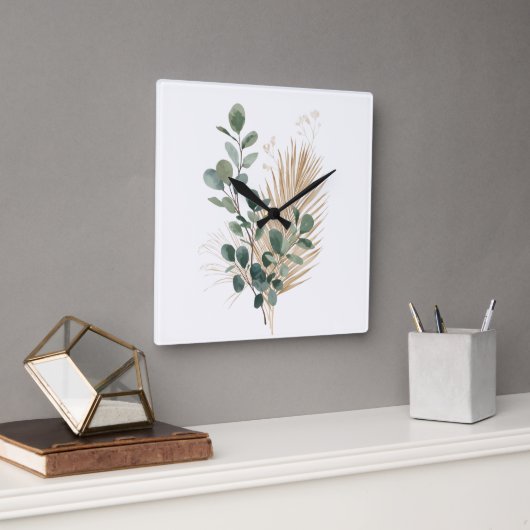 Boho Minimal Natural Botanical Wall Clock Vierkante Klok (Kantoor)