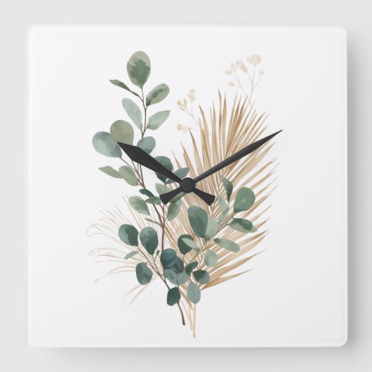 Boho Minimal Natural Botanical Wall Clock Vierkante Klok (Voorkant)