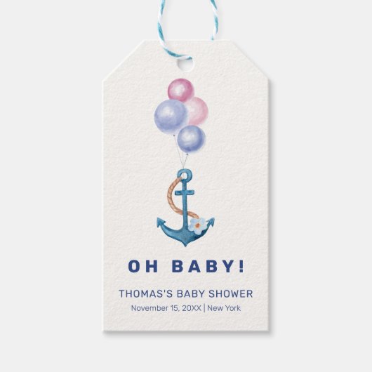 Boho Minimal Nautical Anchor Balloon Baby shower Cadeaulabel (Voorkant)