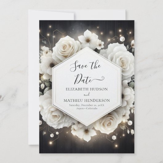 Boho Minimal White Roses Wedding Save The Date (Voorkant)