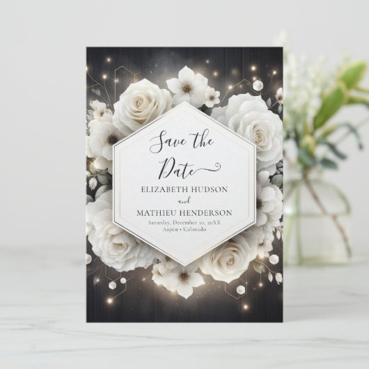 Boho Minimal White Roses Wedding Save The Date (Staand voorkant)