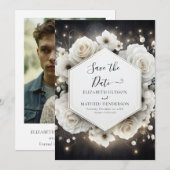 Boho Minimal White Roses Wedding Save The Date (Voorkant / Achterkant)