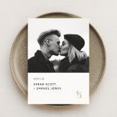 Boho Minimal Zwart en Wit Goud Monogram Huwelijk Kaart