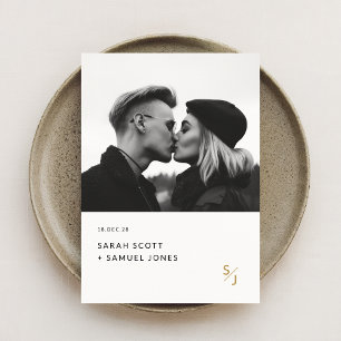 Boho Minimal Zwart en Wit Goud Monogram Huwelijk Kaart