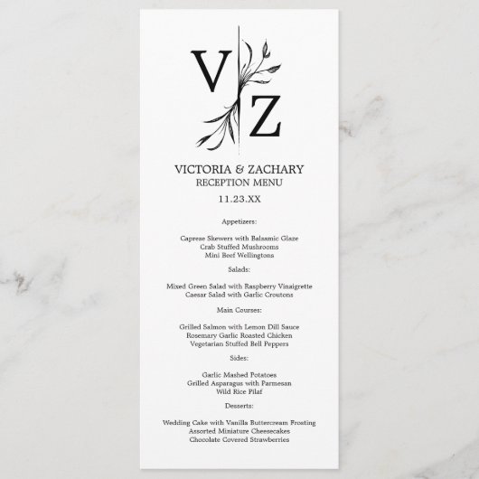 Boho minimale blad monogram bruiloft menu (Voorkant)