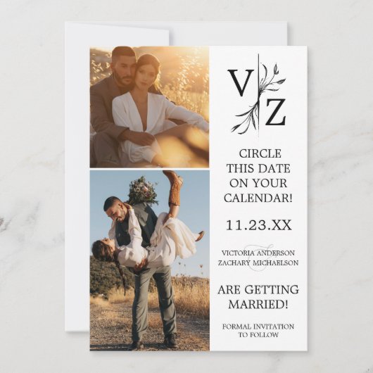 Boho minimale blad monogram foto bruiloft save the date (Voorkant)