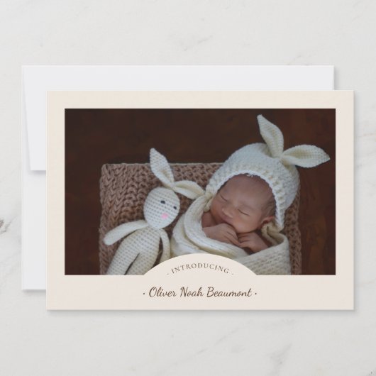 Boho minimalist beige twee foto geboorte aankondiging (Voorkant)