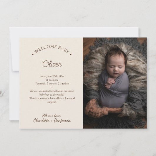 Boho minimalist beige twee foto geboorte aankondiging (Achterkant)