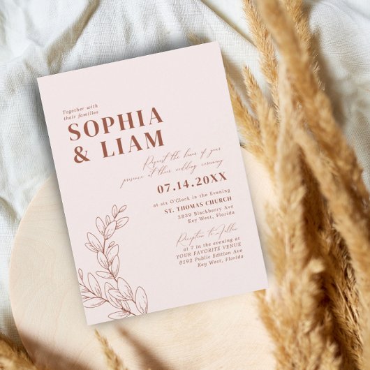 Boho minimalist Botanical Blush Terracotta Wedding Kaart