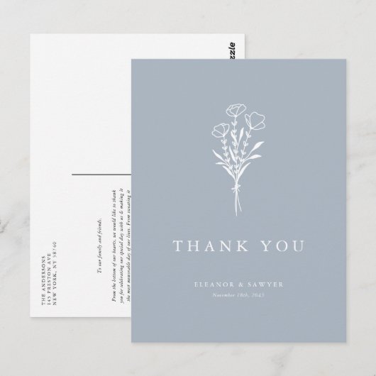 Boho Minimalist Botanicals Dusty Blue Bedankt Briefkaart (Voorkant / Achterkant)