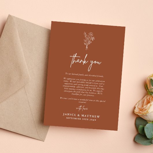 Boho Minimalist Botanicals Terracotta Fall Wedding Bedankkaart