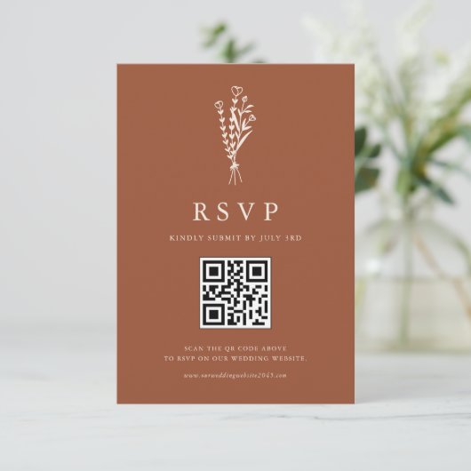 Boho Minimalist Botanicals Terracotta QR-code RSVP Kaartje (Staand voorkant)
