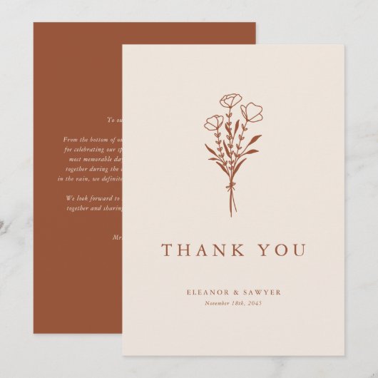 Boho minimalist Botanicals Terracotta Wedding Bedankkaart (Voorkant / Achterkant)