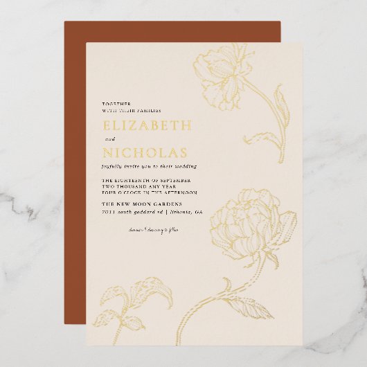 Boho minimalist Botanicals Terracotta Wedding Folie Uitnodiging (Voorkant / Achterkant)