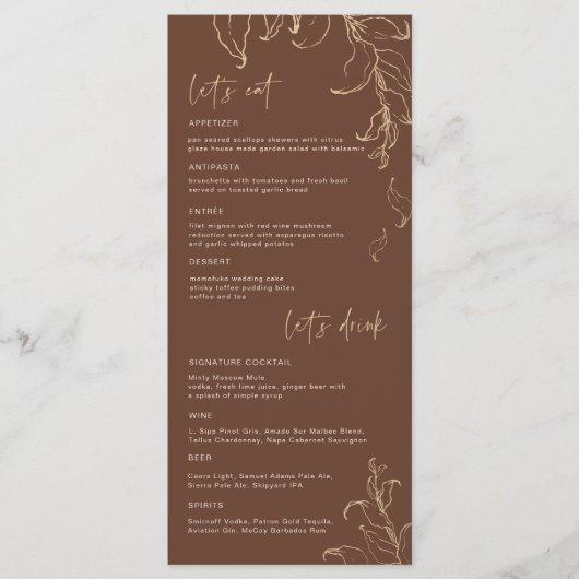 Boho Minimalist Botanicals Terracotta Wedding Menu (Voorkant)