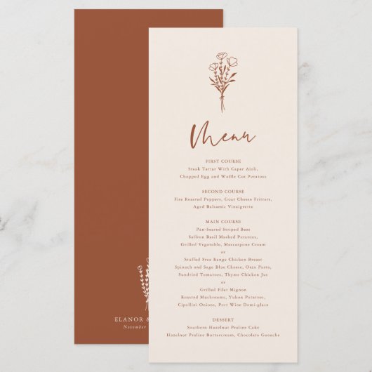 Boho minimalist Botanicals Terracotta Wedding Menu (Voorkant / Achterkant)
