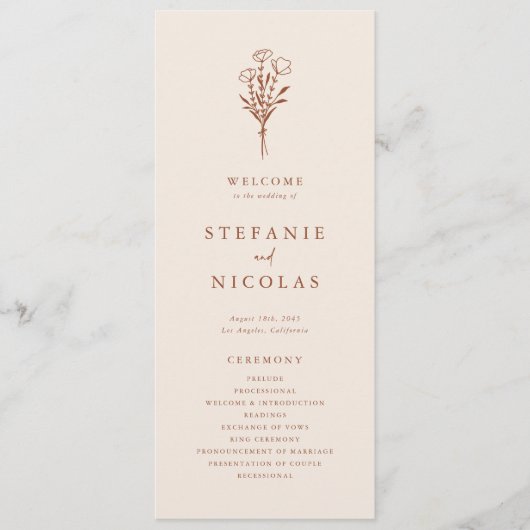 Boho minimalist Botanicals Terracotta Wedding Programmakaart (Voorkant)