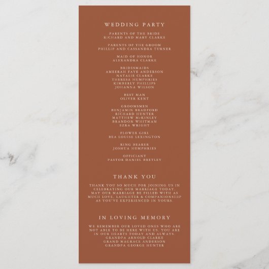 Boho minimalist Botanicals Terracotta Wedding Programmakaart (Achterkant)